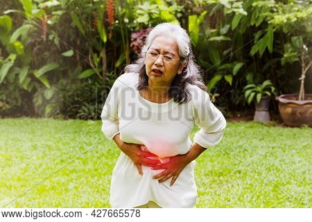 Gray-haired Elderly Asian Woman Has Digestive Problems. Sudden Abdominal Pain Excretion Constipation