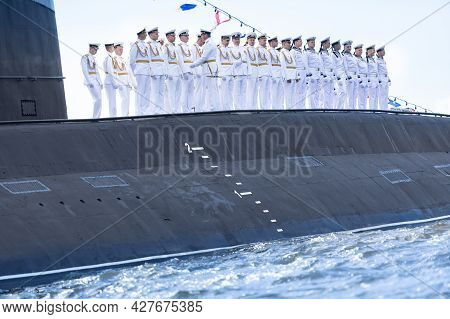 July 21, 2021, Russia, Kronstadt. The Crew Of The Diesel-electric Submarine Dmitrov B-806 On The Rai