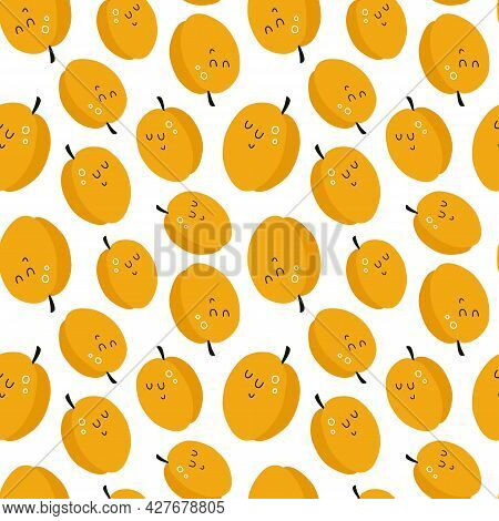 Vector Seamless Cute Pattern With Cartoon Apricots. It Can Be Used As Wallpaper, Poster, Print For C