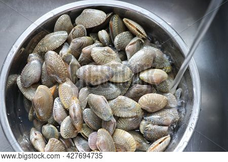 Selective Focus Clams Cleaning In Blow With Clean Water Before Being Use As A Food Ingredient