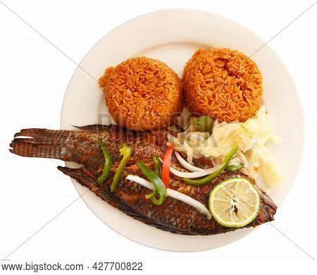 One Of Most Popular Food In Ghana, Jollof Rice, Serve With Fish