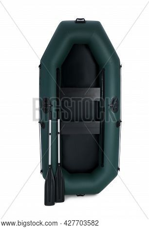 Inflatable Rubber Fishing Boat With Aluminium Oars And Seats Isolated On White