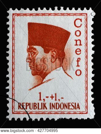 ZAGREB, CROATIA - SEPTEMBER 04, 2014: Stamp printed in Indonesia shows the first president of Indonesia Sukarno, circa 1965