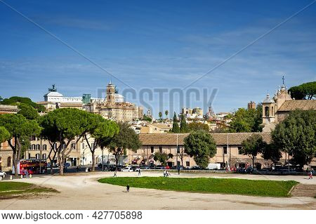 Rome, Italy - October 2019: View Of The Palatine Hill, Centre Of Roman Empire In Ancient Rome From A