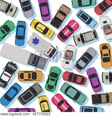 White Road With Many Different Vehicles In Traffic Jam. Narrowing Or Bottleneck On Road Top View. Ma