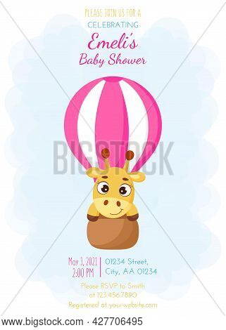 Baby Shower Invitation Card Template With Cute Little Giraffe Flying On Hot Air Balloon. Funny Carto