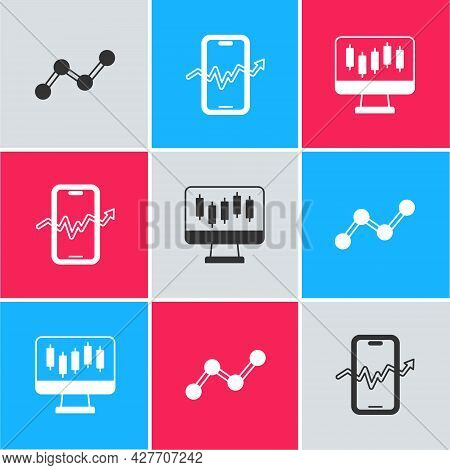 Set Graph Chart Infographic, Mobile Stock Trading And Stocks Market Growth Graphs Icon. Vector