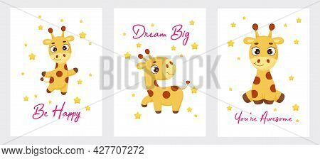 Cute Little Giraffe Collection Card Template. Cartoon Character For Kids Room Decoration, Nursery Ar