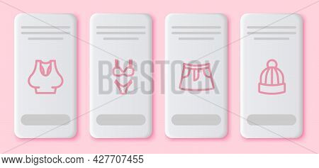 Set Line Undershirt, Swimsuit, Skirt And Winter Hat. White Rectangle Button. Vector