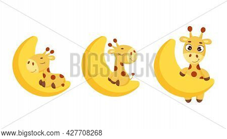 Set Of Cute Little Giraffe On Moon. Funny Cartoon Character Collection For Print, Cards, Baby Shower