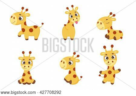 Set Of Cute Little Giraffe With Different Poses. Funny Cartoon Character For Print, Cards, Baby Show