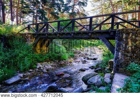 Wooden Bridge Over Forest Stream At Sunrise. Navacerrada.