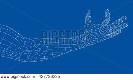 Hand Hold Some Tiny Or Thin Object. Vector Rendering Of 3d. Wire-frame Style. Hand Hold Somethin