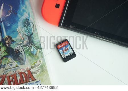 Samut Prakan, Thailand - July 24, 2021 : A Box And A Cartridge Of The Nintendo Switch Video Game 