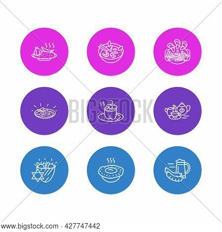 Vector Illustration Of 9 Culinary Icons Line Style. Editable Set Of Belgian Mussels With Fries, Germ