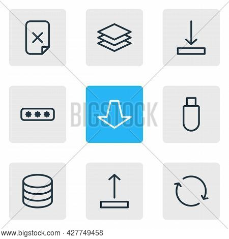 Illustration Of 9 Memory Icons Line Style. Editable Set Of Pull, Upload, Password And Other Icon Ele