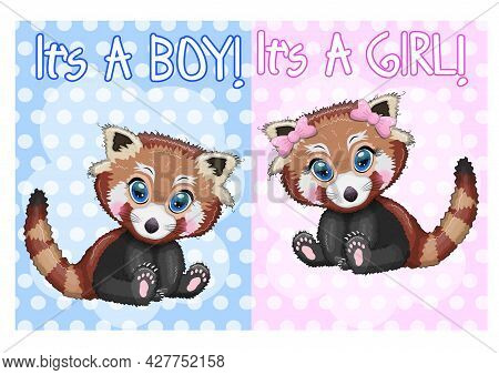 Two Cute Cartoon Red Pands With Beautiful Eyes Among Flowers, Hearts, A Boy And A Girl. Baby Shower