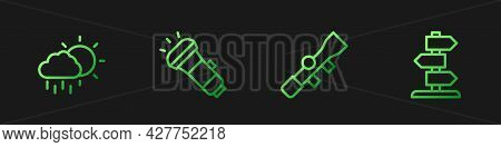 Set Line Sniper Optical Sight, Cloud With Rain, Flashlight And Road Traffic Sign. Gradient Color Ico
