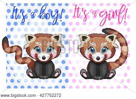 Two Cute Cartoon Red Pands With Beautiful Eyes Among Flowers, Hearts, A Boy And A Girl. Baby Shower