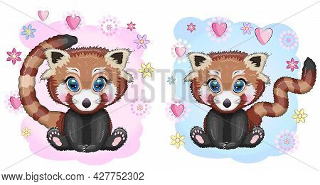 Two Cute Cartoon Red Pands With Beautiful Eyes Among Flowers, Hearts, A Boy And A Girl. Baby Shower