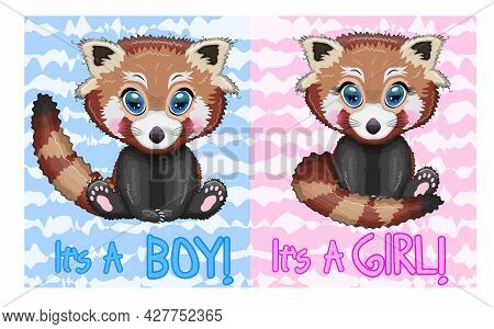 Two Cute Cartoon Red Pands With Beautiful Eyes Among Flowers, Hearts, A Boy And A Girl. Baby Shower