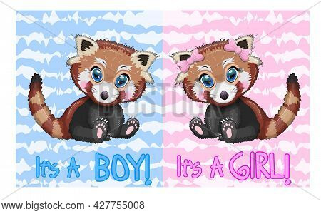 Two Cute Cartoon Red Pands With Beautiful Eyes Among Flowers, Hearts, A Boy And A Girl. Baby Shower