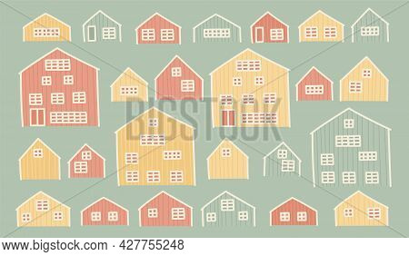 Set Of Red Yellow Green European Wooden Houses. Vector Cartoon Hand Drawn Isolated Buildings