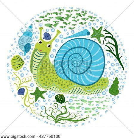 Blue Snail Beautiful Character Among Seashells, Seaweed, Starfish, Scandinavian Style, Hand Drawn