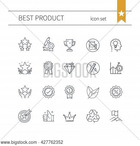 A Set Of Line Icons For Quality Products. Outline Symbol Collection. Medal, Cup, Award, Leader, Eco,