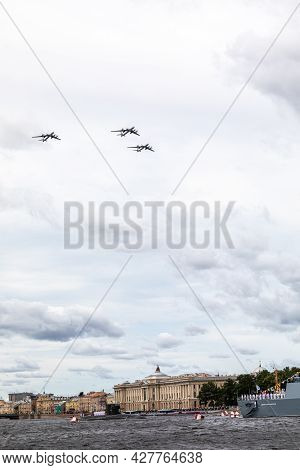 July 22, 2021, Russia, St. Petersburg. A Group Of Anti-submarine Military Aircraft Tu-142m In Parade