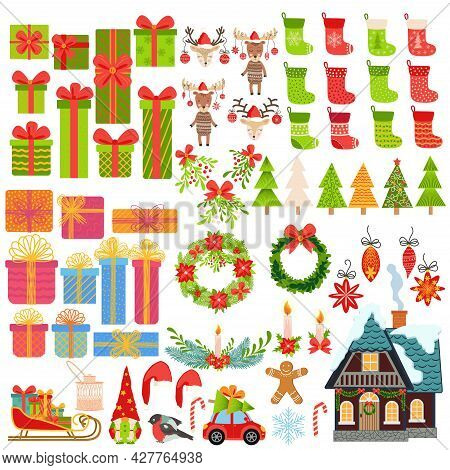 Big Set Of Christmas Elements Hand Drawn. Gifts, Stockings, Christmas Trees, Gnomes, Candies, Wreath