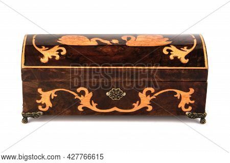 Empty Close Wooden Jewelry Box With Velvet Lining And Vintage Accessories And Clipping Pathon White 