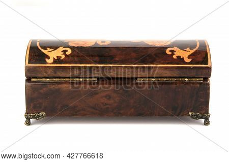 Empty Close Wooden Jewelry Box With Velvet Lining And Vintage Accessories And Clipping Pathon White 