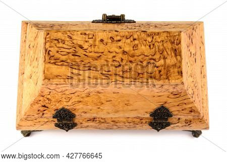 Empty Close Wooden Jewelry Box With Velvet Lining And Vintage Accessories And Clipping Pathon White 