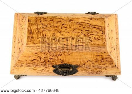 Empty Close Wooden Jewelry Box With Velvet Lining And Vintage Accessories And Clipping Pathon White 