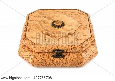 Empty Close Wooden Jewelry Box With Velvet Lining And Vintage Accessories And Clipping Pathon White 