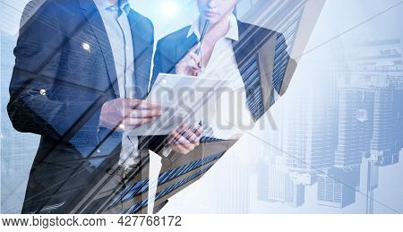 Business People Checking They Notes In Papers. Silhouettes Of Business Partners, Double Exposure, Ne