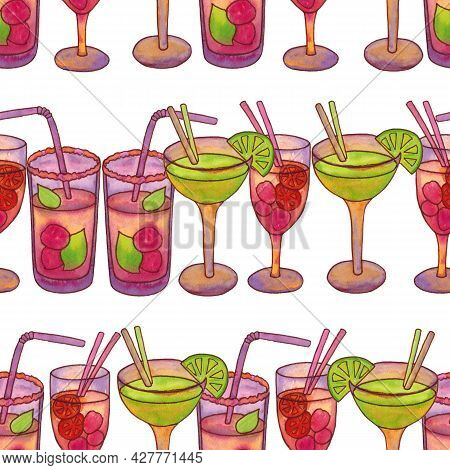 Seamless Pattern With Cocktails. Classic Tropical Cocktails. Mixed Non-alcoholicdrink With Straws An