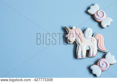 Beautiful Gingerbread Cookies For Children's Party In The Shape Of A Unicorn And Sweets, Flat Lay.