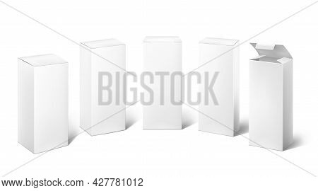 White Box. 3d Blank Realistic Cosmetic Pack Template. Long Rectangular And Square Medical Products P