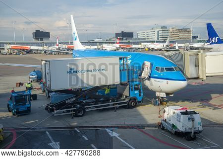 Amsterdam, Netherlands - September 17, 2017: A Catering Service Truck Delivered Food For Passengers 