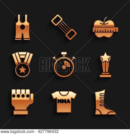 Set Stopwatch, T-shirt With Fight Club Mma, Sport Boxing Shoes, Award Cup, Glove, Medal, Apple And M