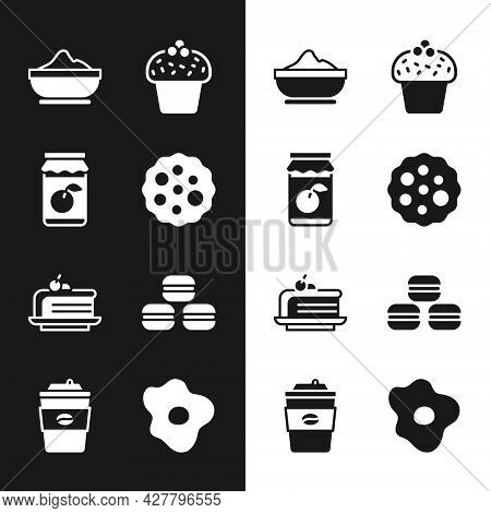 Set Cookie Or Biscuit, Jam Jar, Flour Bowl, Cake, Piece Of Cake, Macaron Cookie, Scrambled Eggs And 