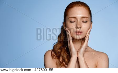 Skin Care Women. Redhead Girl With Perfect Healthy Face, Beautiful Facial With Freckles, No Makeup, 