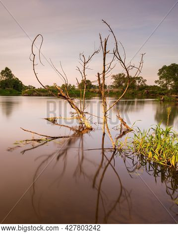Sunset Over Warta River In Warta Landscape Park, Lad, Poland.