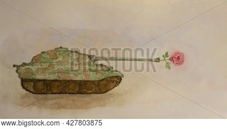 Watercolor Hand Painting Of A Military Tanks With Camouflage Pattern And Green Gun Shooting With Red