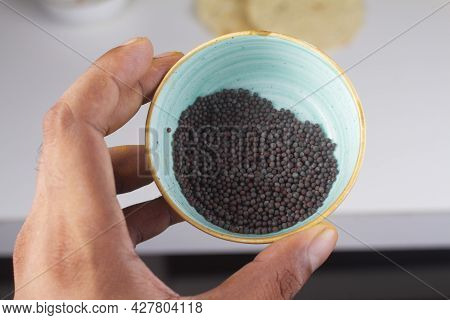 Mustard Seeds Bowl In Hand Isolated On Light Background.