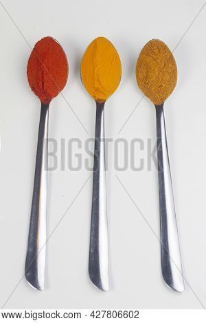 Indian Colourful Spices Also Know As Red Chilli Powder, Turmeric Powder, Coriander Powder, Mirchi, M