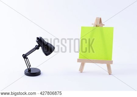 Wooden Easel Miniature With Blank Colored Square Canvas Or Memo Paper - Mockup. Mini Wooden Stand Wi