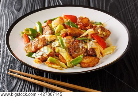 Twice Cooked Pork Is Szechuan Style Stir-fry Pork Belly Cooked In Sauce And Vegetables Closeup In Th